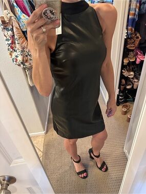 Faux Leather High Neck Shift Dress Minimal Chic Black Sleeveless